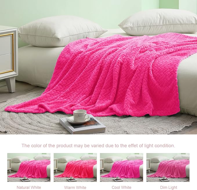 Exclusivo Mezcla Hot Pink Fleece Throw Blanket for Couch and Bed, 50x70 Inches Soft Cozy Jacquard Flannel Blankets, Lightweight Fuzzy Plush Warm Throws for All Seasons