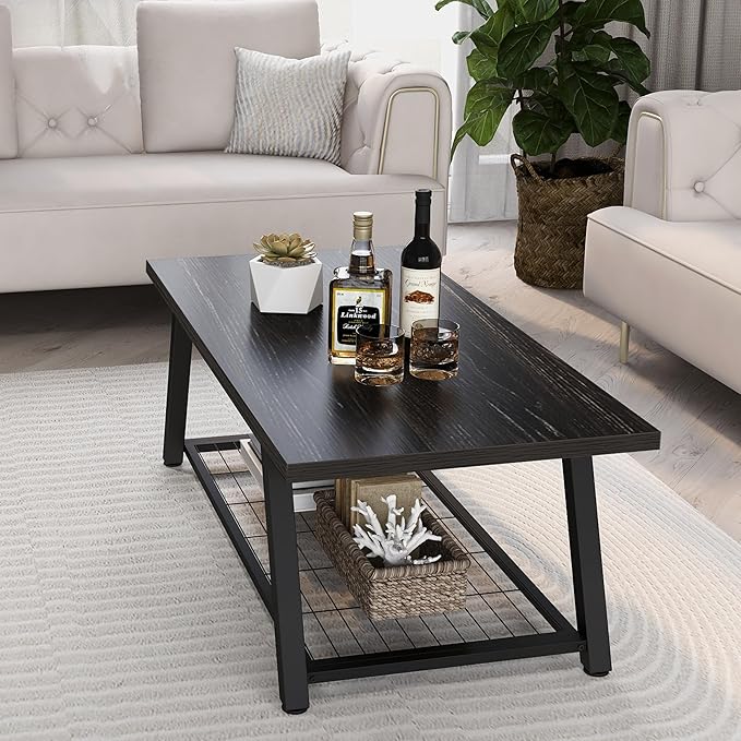 Tohomeor 2-Tier Industrial Coffee Table Mnimalist Vintage Farmhouse Wooden and Metal Living Room Coffee Table with Storage Shelf Accent Furniture (Charcoal Black)