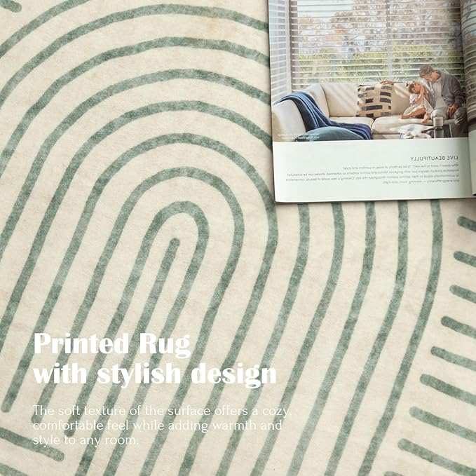 Washable 4x6 Area Rug - Boho Living Room Rug Stain Resistant Soft Modern Rugs for Bedroom Ultra-Thin Sage Green Abstract Rainbow Dining Room Rugs Indoor Carpet for Living Room Nursery Room