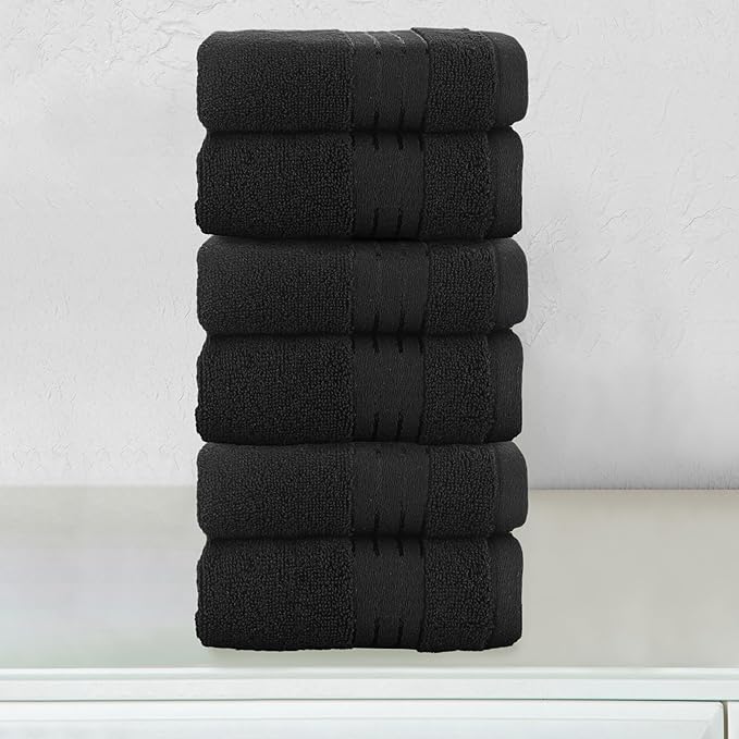 Elegant Comfort Premium Turkish Cotton 6 Pack Washcloths Set - 13 x 13 inch, Luxurious Hotel Spa Quality 100% Turkish Cotton 6PC Washcloth Set - Highly Absorbent - Soft Bathroom Towels, Black
