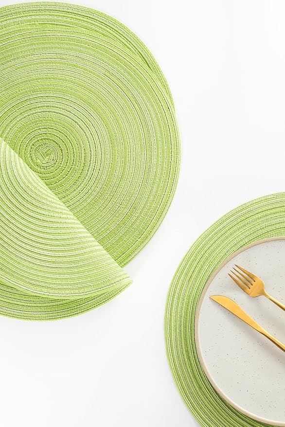Floroom 15 Inch Round Braided Placemats Set of 4, Washable Heat Resistant Cotton Polyester Circle Place Mats for Kitchen Dining Table - Spring Green