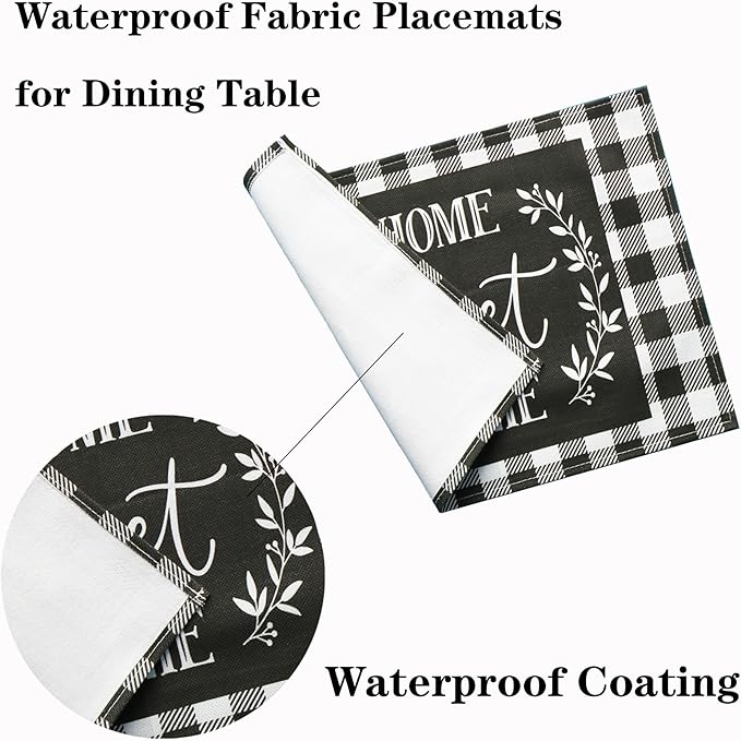Buffalo Plaid Placemats Set of 8, Black White Farmhouse Placemats - Linen Washable Heat Resistant Waterproof Place Mats for Ktichen Dining Table 18 X 12 Inch, Plaid