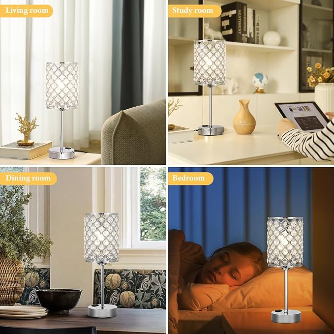 Hong-in Crystal Table Lamp, Crystal Lamp Touch Control with USB-C USB-A Charging Ports & AC Outlets, 3 Way Dimmable Bedside Lamp-Nightstand Lamp Modern Light for Bedroom, Living Room, Bulb Included