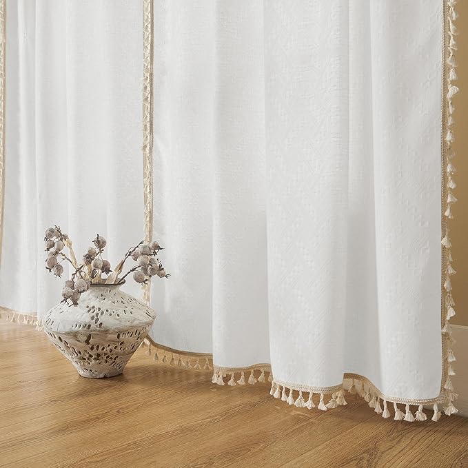 Joydeco White Boho Curtains 84 Inch Length 2 Panels, Super Soft Bohemian Farmhouse Curtains with Tassels, Semi Sheer Light Filtering Drapes for Bedroom Living Room (Rod Pocket, 52Wx84L)