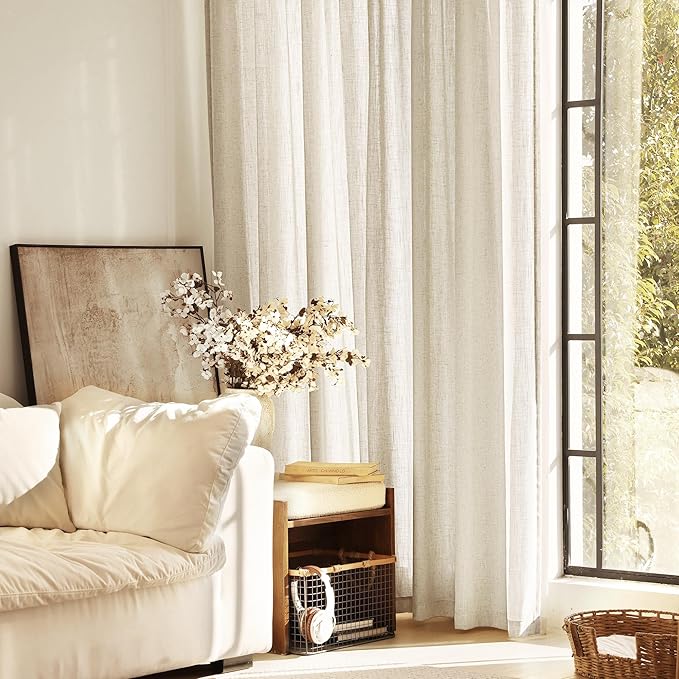 Faux Linen Beige Curtains 108 inches Long for Living Room Rustic Farmhouse Linen Drapes Semi Sheer Burlap Textured Canvas Cloth Curtain Panels Set of 2 Kahki Tan Colored