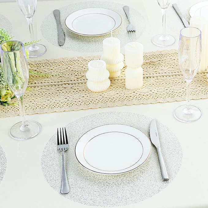 100 Piece Silver Placemats 13 Inch Disposable Silver Foil Place Mats Round Mesh Pressed Paper Placemat for Elegant Wedding, Birthday Party, Church Banquet, Dinners, and Dining Room Table Decor
