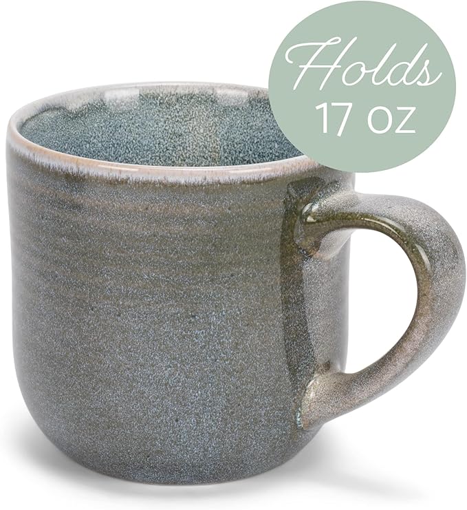 Elanze Designs Glossy Reactive Glaze Large 17 Fluid Ounce Everyday Kitchen Food Grade Ceramic Stoneware Coffee Mug Cup with Comfort Curved Handles, Set of 4, Ocean Teal Blue