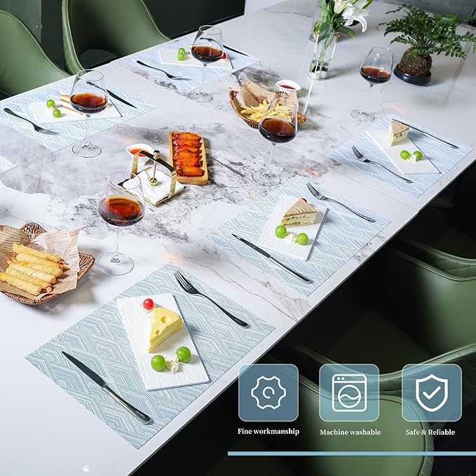 Vinyl Plastic Placemats Set of 6 Washable Heat Resistant Non-Slip Elegant Indoor Outdoor Kitchen Dining PVC Woven Table Place Mats (Sky Blue Rhombus)