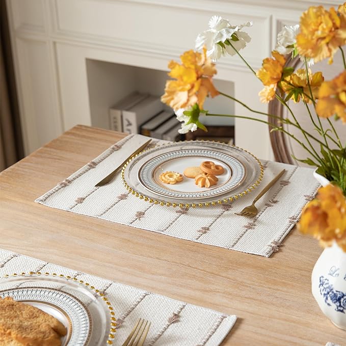 Boho Placemats Set of 4 for Dining Table Decor, Woven Cloth Place Mats for Farmhouse Rustic Kitche Home Decor, Cotton Placemats 13 x 19 Inch, Taupe and Beige Table mats