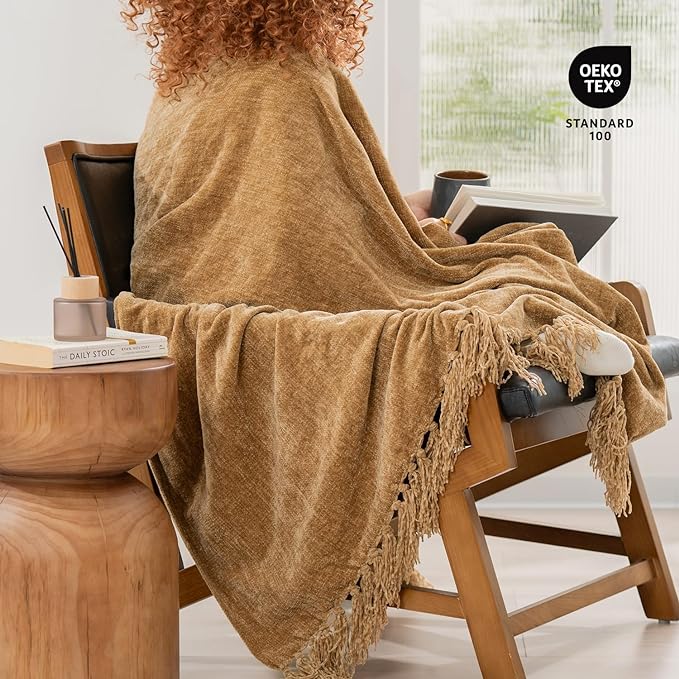 EVERGRACE Soft Chenille Throw Blanket for Couch, Cozy Plush Fuzzy Decorative Chenille Knit Throw Blanket with Tassels, Lightweight Blanket and Throws for Bed Sofa Gift Home Decor, Khaki 50"x60"