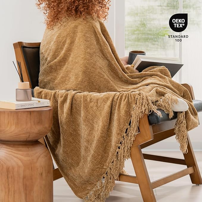 EVERGRACE Soft Chenille Throw Blanket for Couch, Cozy Plush Fuzzy Decorative Chenille Knit Throw Blanket with Tassels, Lightweight Blanket and Throws for Bed Sofa Gift Home Decor, Khaki 60"x80"
