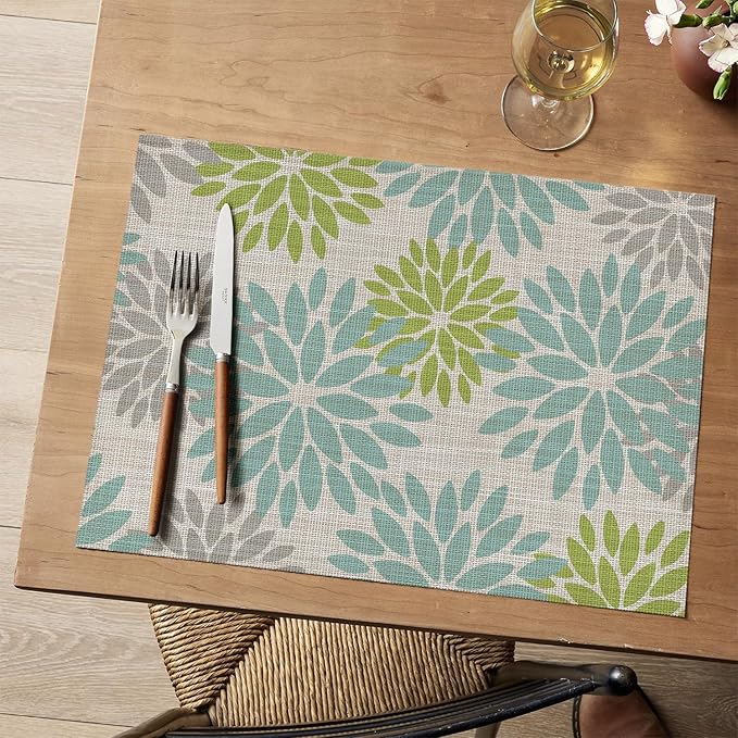 Artoid Mode Floral Vinyl Placemats Set of 6, Heat Resistant Washable Non-Slip Plistic PVC Place Mats for Party Kitchen Dining Decor, Sage