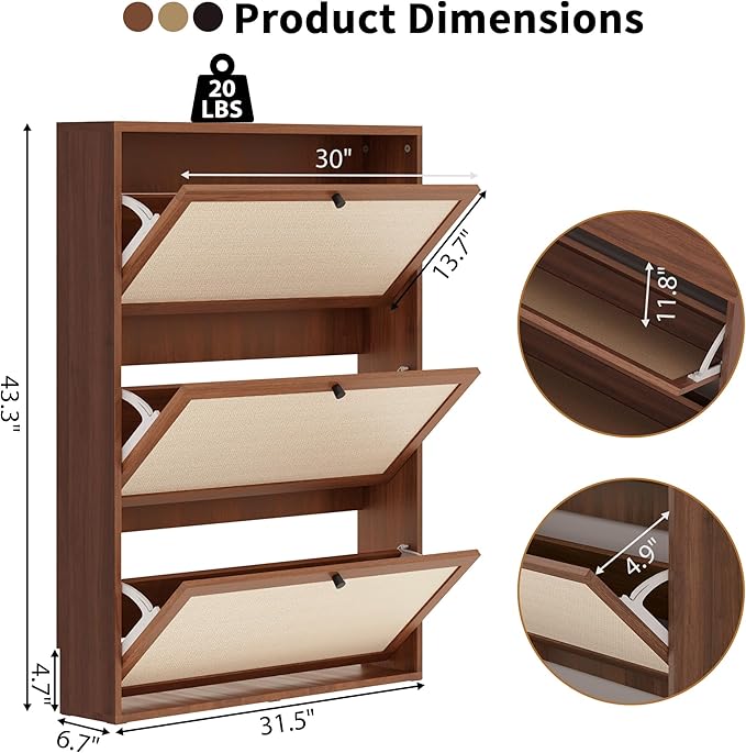 AVZEAR Narrow Shoe Storage Cabinet for Entryway with Natural Linen Panel, Freestanding Slim Shoe Cabinet with 3 Flip Drawers, Wood Shoe Organizer Closed Shoe Rack for Hallway, Living Room(Walnut)