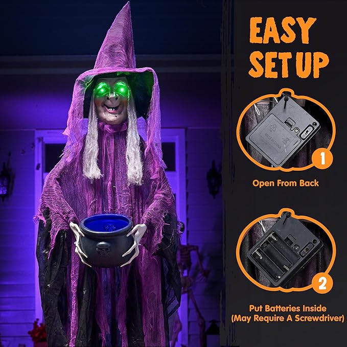 JOYIN 72” Halloween Decorations Standing Witch with Cauldron, Scary Ghost Decor with Sound and Lights, Sound-Activated for Haunted House Yard Lawn Garden