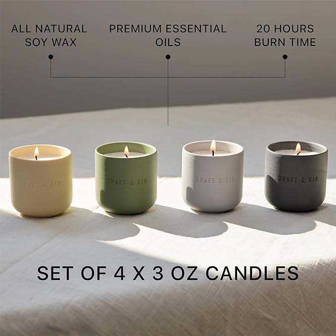 Craft & Kin Scented Candles Discovery Set | 4 Pack of 3oz Candles | 20-Hour Burn Time, Soy Blend Wax, Cotton Wick, Ceramic Jars