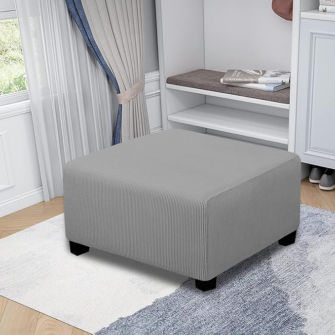 Easy-Going Stretch Square Ottoman Cover Folding Storage Stool Furniture Protector Soft slipcover with Elastic Bottom (30x30x15inch, Light Grey)