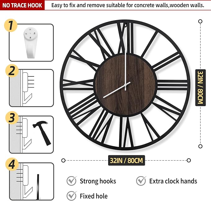 LEIKE Large Wall Clocks with Night Light Battery Operated,Silent Non Ticking,Rustic Modern Big Wood Clock for Living Room, Bedroom,Kitchen,Farmhouse,Office,Home Decor-32 Inch(Roman Numerals)