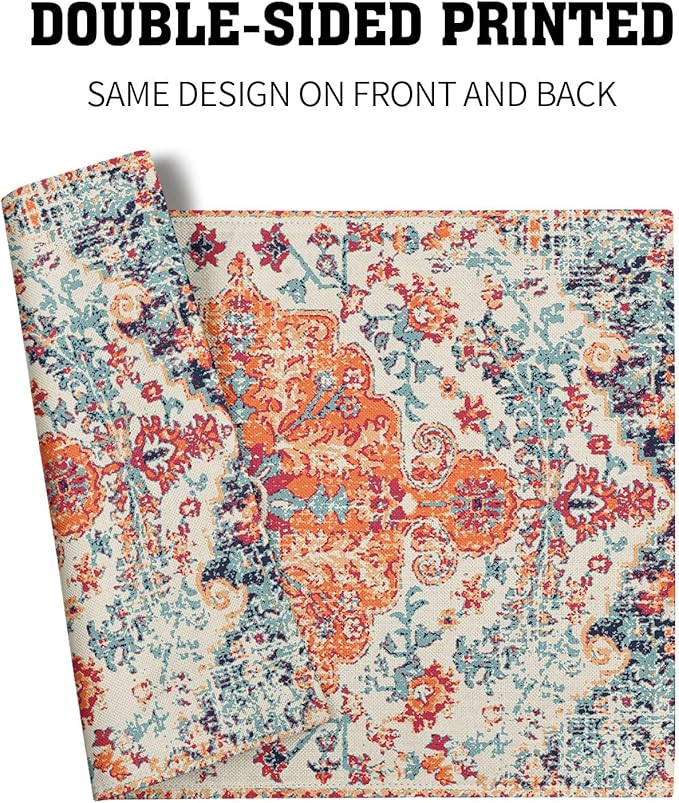 Ethnic Boho Placemats Set of 6 Southwest Orange Blue Teal Carpet Woven Texture Linen Washable Kitchen Dining Table Mats Stain Heat-Resistant Desktop Decor Place Mats for Home Party Indoor 12x18 inch