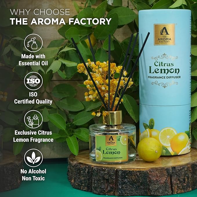 The Aroma Factory Fragrance Reed Diffuser Set with Natural Essential Oil, Aroma Sticks & Real Preserved Flowers | Luxury Home Decor Scent (Citrus Lemon, 1 Pack)
