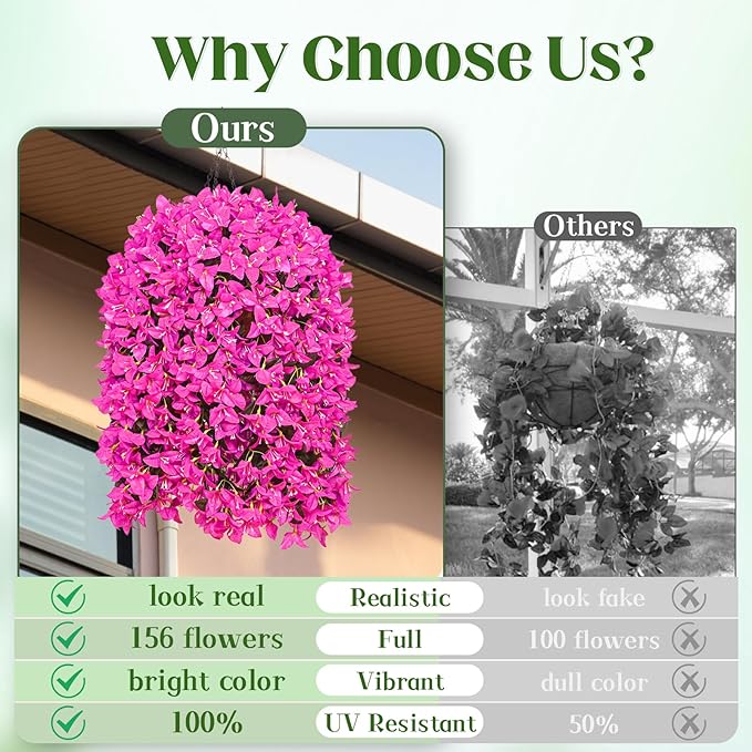 8Pcs UV Resistant Artificial Flowers for Outdoors, Realistic Faux Silk Bougainvillea Flowers, Fake Hanging Plants for Porch Patio Balcony Decoration (Purple)