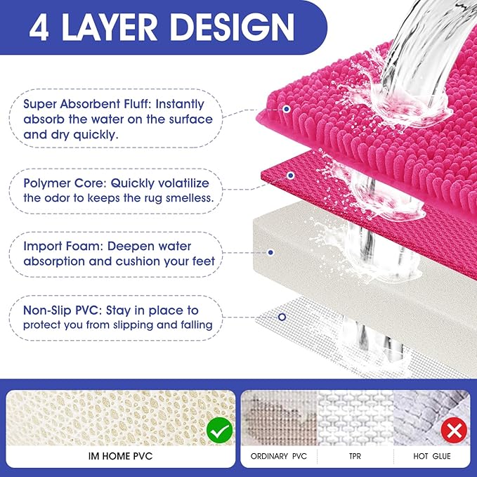 ACCUMTEK Striped Hot Pink Bathroom Rug Set 3 Pieces Ultra Soft, Non Slip Chenille Toilet Mat, Absorbent Plush Shaggy Bath Mats for Bathroom, Bedroom, Kitchen, Peach