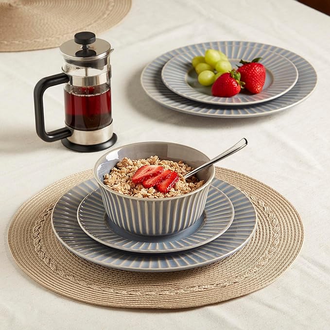 Tabletops Gallery Richmond 12-Piece Reactive Glaze Stoneware Dinnerware Set of Kitchen Dishes, Dinner Plates, Cereal Bowls, Service for 4, Gray