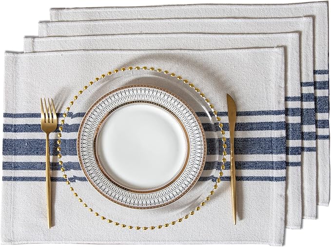 Placemats Set of 4 for Dining Table, Woven Cloth Place Mats for Kitchen Tabletop Décor, Handcrafted Machine Washable Cotton Table mats 13 x 19 Inch, Navy Blue and Beige
