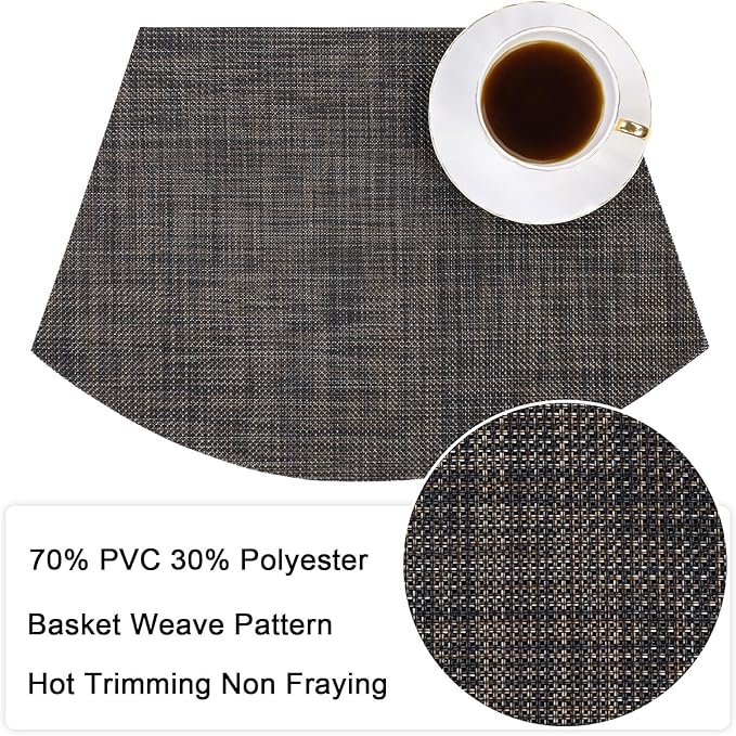 SHACOS Small Wedge Placemats Set of 4 Woven Vinyl Round Table Placemats Wipe Clean Round Table Mats Indoor Outdoor, Black Brown