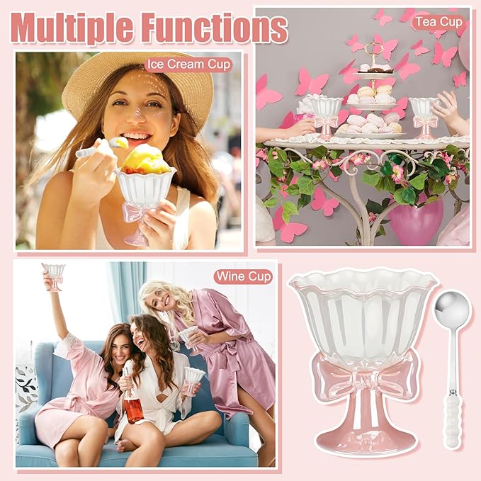 Yungyan Pink Bow Ice Cream Cup with Pearl Glaze Ceramic Bow Knot Cute Coffee Mug with Stainless Steel Pearl Spoon Coquette Stuff Preppy Aesthetic Gift Set for Women Holiday Birthday