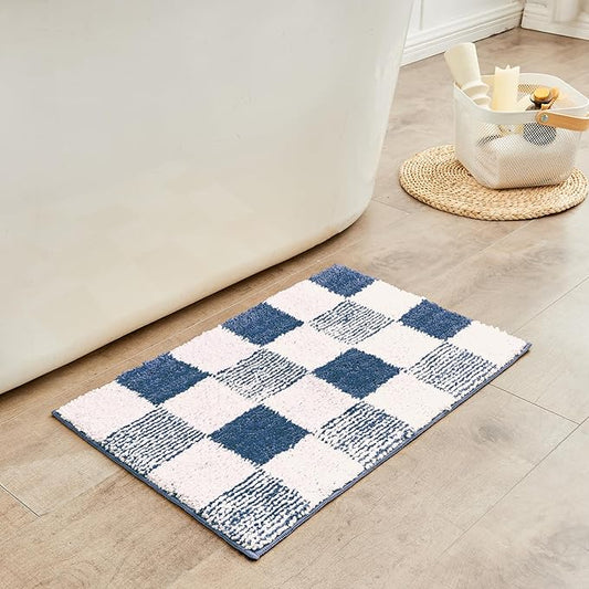 CozeCube Checkered Bath mats for Non Slip, Fluffy Absorbent Microfiber Bath mat Washable, Aesthetic Bathroom Rugs, Cute Bath mat for Shower Sink, Dark Blue, 24" x 16"