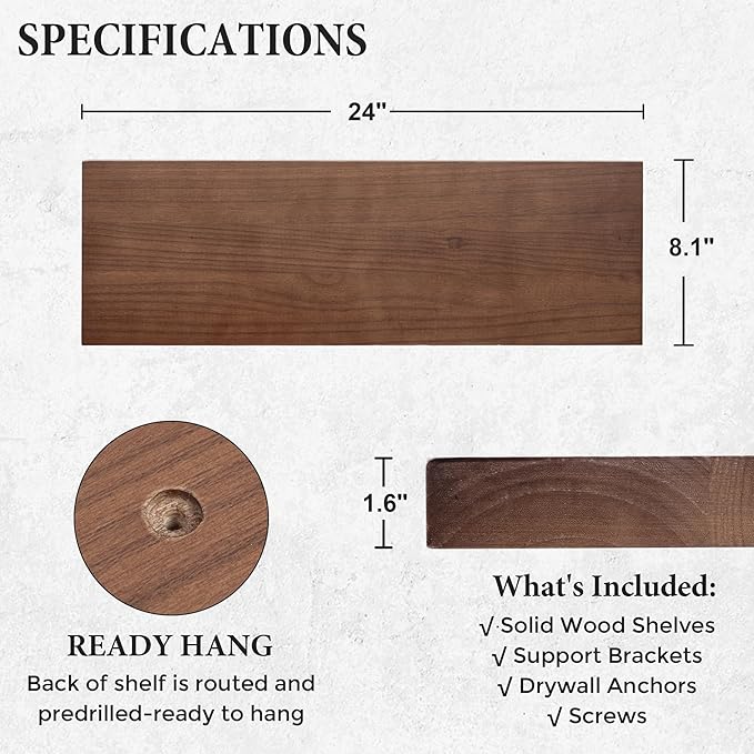 Axeman Floating Shelves, 2 Pack 8 Inch Deep Rustic Solid Wood Wall Shelves for Storage, Wall Mounted Display Shelving with Invisible Heavy-Duty Metal Bracket, 24" W x 8" D x 1.6" H, Walnut