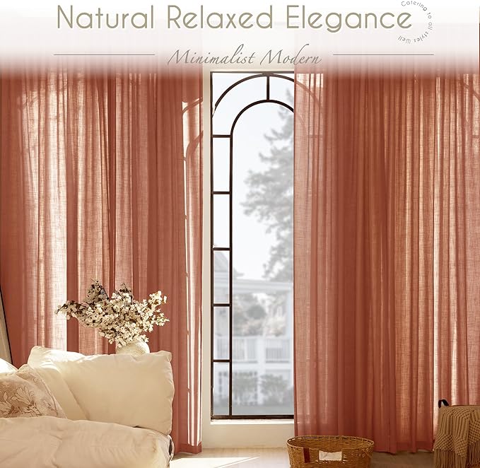 84 inch Linen Terracotta Curtains 2 Panels for Living Room Back Tab Light Filtering Semi Sheer Rust Colored Curtains 84 inches Long Soft Thick Cotton Cloth Textured Rustic Boho Farmhouse Room Decor