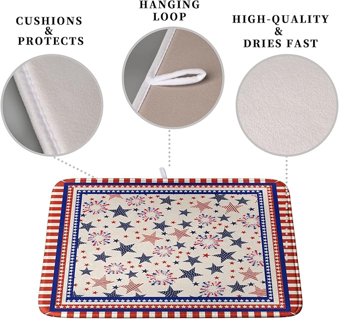 Happy 4th of July Patriotic Dish Drying Mat 16 x 18 Inch US Independence Day Vintage Star Kitchen Drying Mat Blue White Red Dish Drainer Mats Super Absorbent Dish Rack Pad for Coffee Bar Sinks
