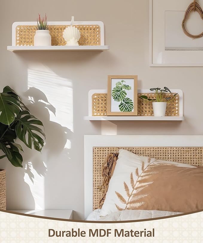 Rattan Floating Shelves, Boho Cane Webbing Wall Shelves Farmhouse Display Storage Organizer White Bookshelves Wicker Room Decor for Living Room Bedroom Entryway Hallway Bathroom, Set of 2