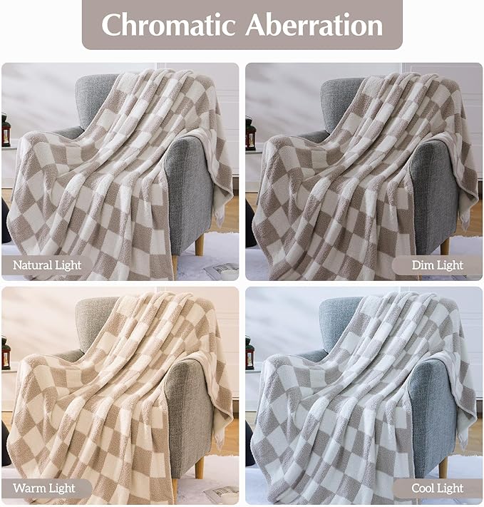 WRENSONGE Checkered Throw Blanket, Taupe Soft Cozy Fluffy Warm Hand Made Throw Blankets for Couch, Sofa, Chair, Bed, Camping, Picnic, Travel Lightweight Bed Blanket - 50"*70"