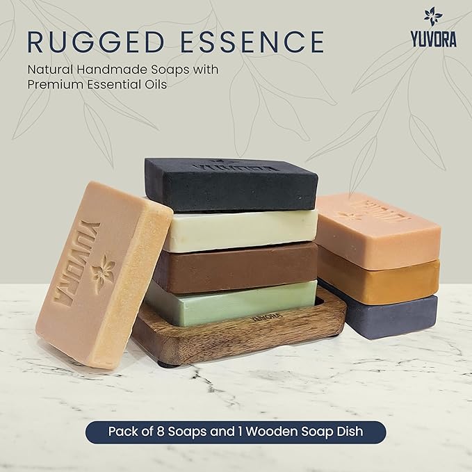 5 OZ Pack of 8 Pcs Men Natural Handmade Body Soaps Rugged Essence Long lasting Luxurious Scents with Natural Ingredients – Sulfate & Paraben Free, Vegan Multi Fragrance With Wooden Soap Dish