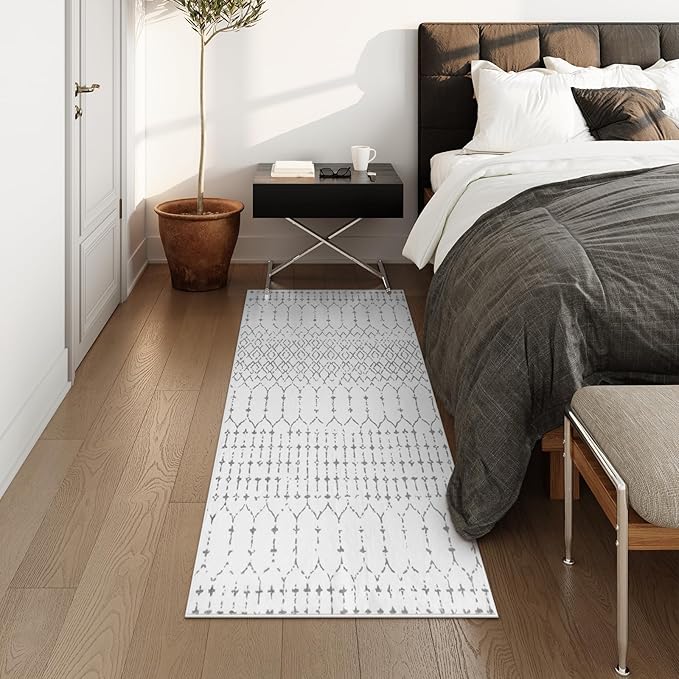 Lahome Moroccan Runner Rug for Hallway - 2x4 Rug Washable Non-Slip Small Carpet Runner Lightweight Throw Rubber Back Bath Carpet, Geometric Print Mat for Kitchen Entryway Bedroom (White, 2'x4')