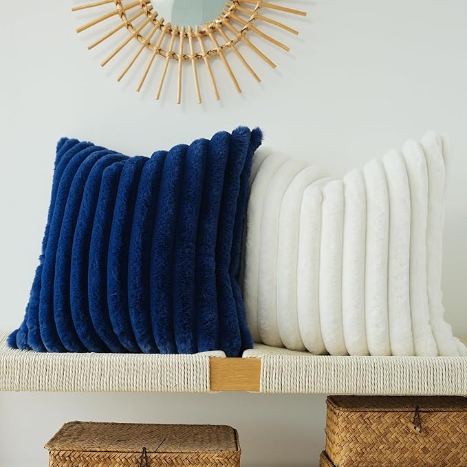JOJUSIS Pack of 2 Faux Fur Plush Decorative Throw Pillow Covers Couch Cushion Case Soft Pillowcases (Navy Blue, 22 x 22-Inch)