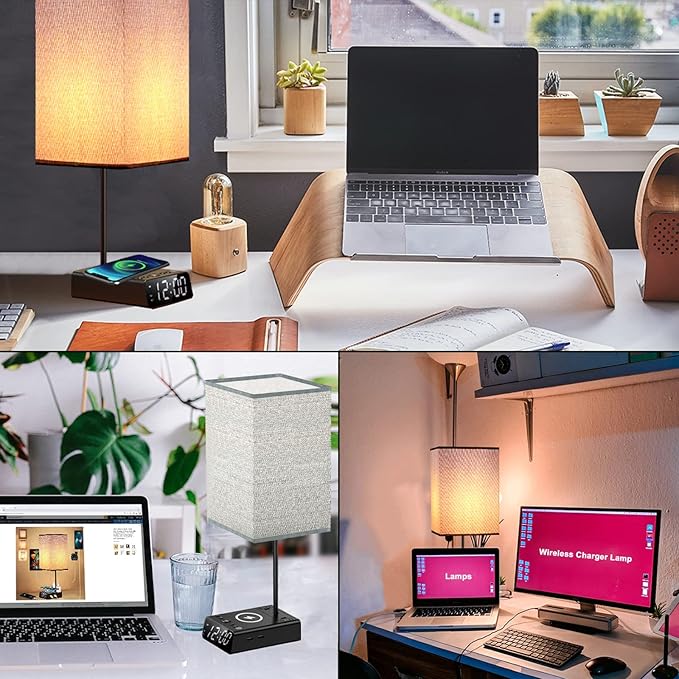 Bedside Lamp with USB Ports & AC Outlets, 15W Wireless Charger Table Lamp with Clock, 3 Way Dimmable Nightstand Lamps for Bedroom Living Room,Touch Lamp with Charging Station,Grey Shade & Black Base