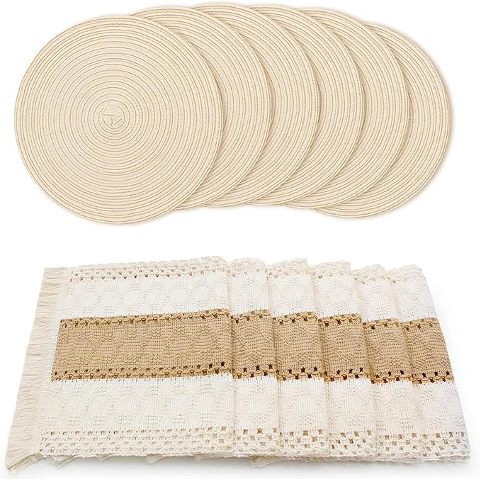 FEXIA Boho Placemats Set of 6, Macrame Table Decor and Farmhouse Style Placemats Natural Cotton Burlap, for Kitchen and Dining Table Centerpiece Home Decorations