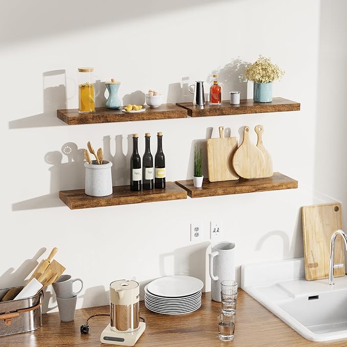 Bellsal Floating Shelves for Wall, Rustic Brown Wood Wall Shelf Set of 4, 16" Wall Mounted Floating Shelf for Kitchen
