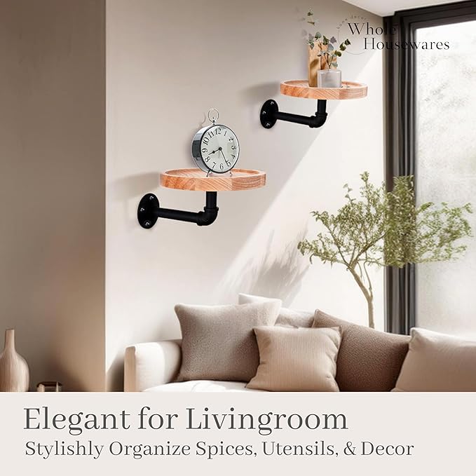 WHOLE HOUSEWARES Pipe Shelf with Round Floating Shelves - Set of 2 | Rustic Industrial Style with Metal Pipe Brackets | 7.1 x 3.3 Inches | Stylish Wall-Mounted Storage for Home Decor