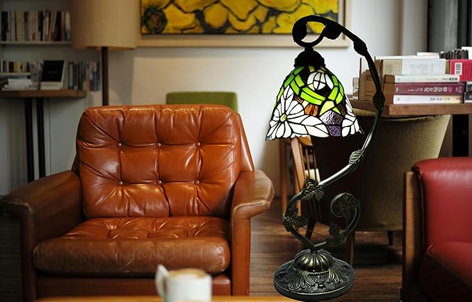 Tiffany Lamp,21x11x8 inches Stained Glass Lamp,White Chrysanthemum Tiffany Style Table Lamp with Three-Color Dimming for Bedside,Dining Table,Antique Office