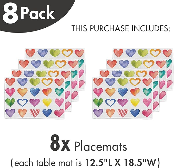 Ambesonne Grunge Place Mats Set of 8, Rainbow Color Heart Shapes Valentine's Day Design Romantic His and Hers Theme, Washable Fabric Placemats for Dining Table, Placemat 8 pcs, Red Multicolor