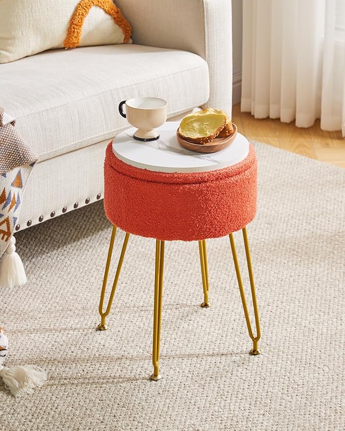 IBUYKE Teddy Velvet Storage Footrest Stool Ottoman, Makeup Vanity Stool Side Table with Removable Cover, Golden Steel Legs, Coffee Table Top Cover, Orange WBD010J