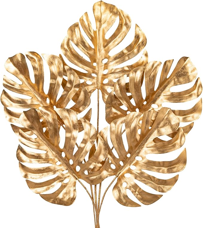 DILATATA 5 Pcs Artificial Monstera Leaves with Stem 20 Inch Golden Tropical Monstera Plant Gold Palm Leaves Philodendron Monstera Fronds for Wedding Hawaiian Luau Jungle Party Decorations