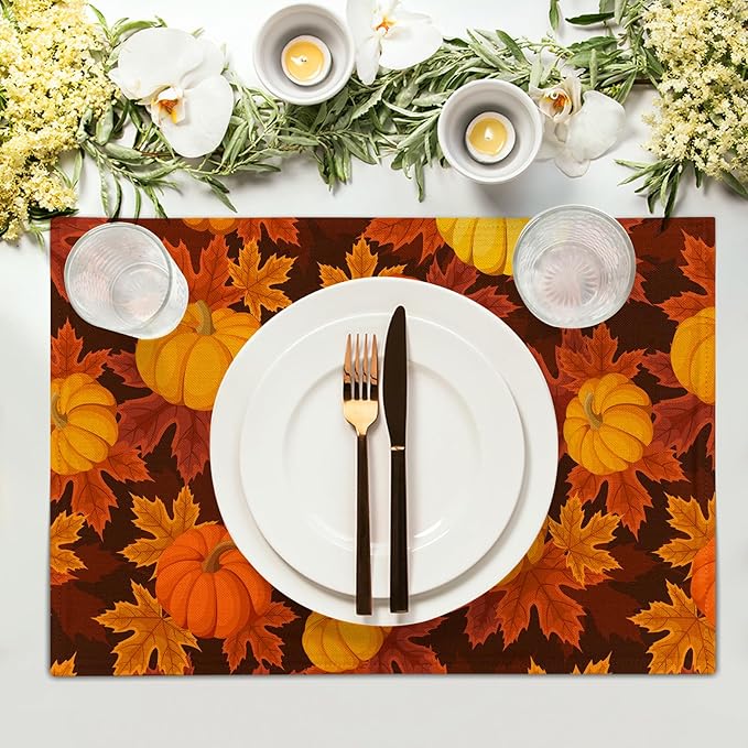 Fall Placemats Set of 4 Autumn Pumpkin Leaves Linen Place Mat Washable Non-Slip Heat Resistant 12×18 Inch Thick Place Mats Decorative Fabric Table Mat for Dining Table
