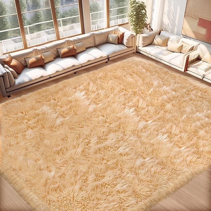 Ciicool Fluffy Faux Fur Area Rug 8 x 10 Feet, Beige Faux Sheepskin Rug Area Rug Large Shag Rug, Thick Shaggy Fuzzy Rugs Floor Carpets for Living Room, Bedroom, Dorm, Luxury Room Decor, Rectangle