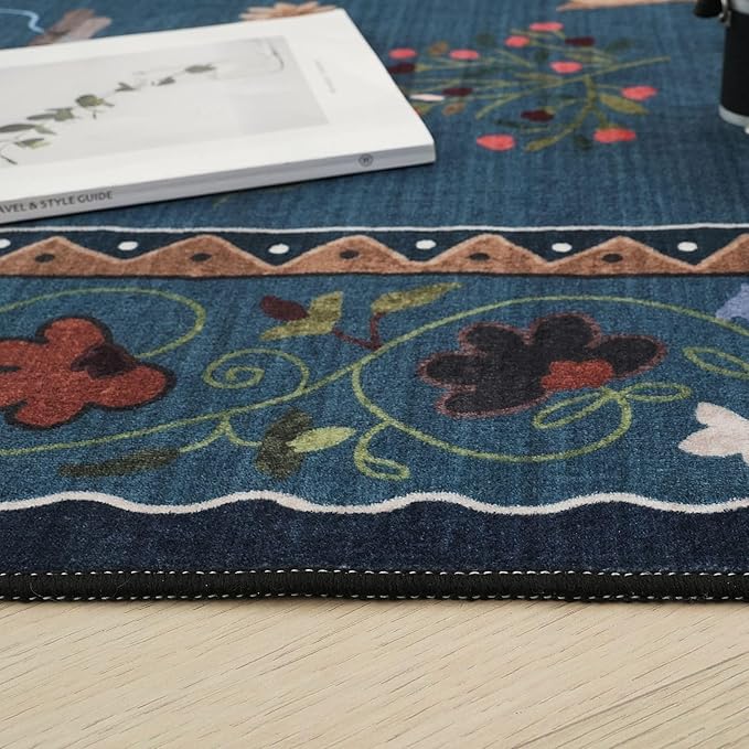 Runner Rug for Kitchen Non Slip 2'6''x8' Washable Rugs with Rubber Backing Soft Floral Animal Cat Carpet Runner for Kitchen Laundry Bedroom Bathroom, Pearl Gentian Blue
