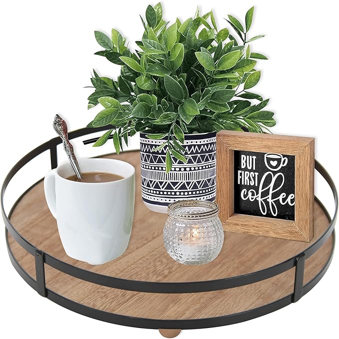 Defined Deco 12in Decorative Tray-Round Serving Tray with Metal Handle-Decorative Trays for Home Decor,Living Room Decor,Coffee Table Decor,Rustic Wooden Tray for Kitchen Table Decor,Dining Table.
